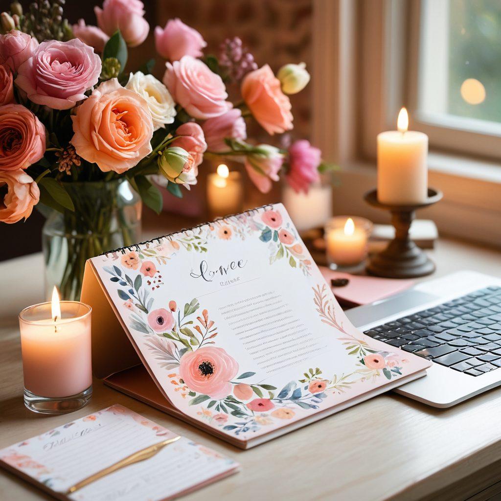 A beautifully designed romantic slide deck featuring soft pastel colors, elegant heart motifs, and floral accents, with an open laptop showcasing a stunning presentation template. Surrounding elements include a cozy candlelit atmosphere with a romantic dinner setup in the background, and a notepad with handwritten love notes. The image should evoke feelings of warmth and love, ideal for a presentation on romance. vibrant colors. soft focus. elegant design.