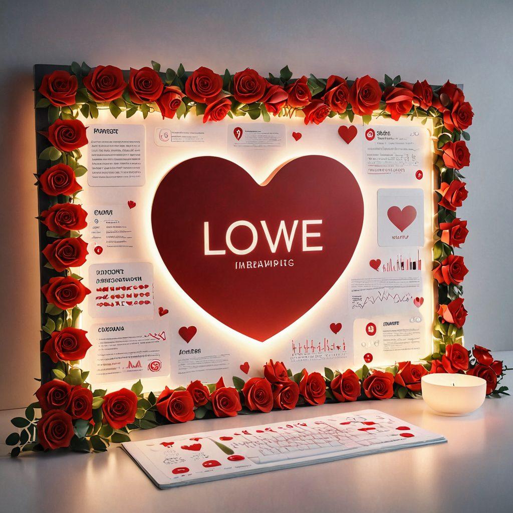 A heart-shaped presentation board displaying colorful and creative tools like infographics, charts, and digital devices, surrounded by romantic elements such as roses and soft lighting. The layout is inviting and interactive, reflecting a blend of passion and innovation. Include sparkles and light effects to enhance the charm of love presentations. vibrant colors. 3D. soft focus.