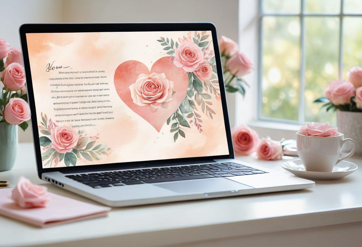 A heart-shaped slide deck design with soft pastel colors, featuring romantic motifs like roses, love letters, and candlelight. Include a laptop open with an engaging slide presentation about romance, surrounded by notes and a steaming cup of coffee. The background softly blurred to evoke a dreamy atmosphere. watercolor style. vibrant colors. soft focus.